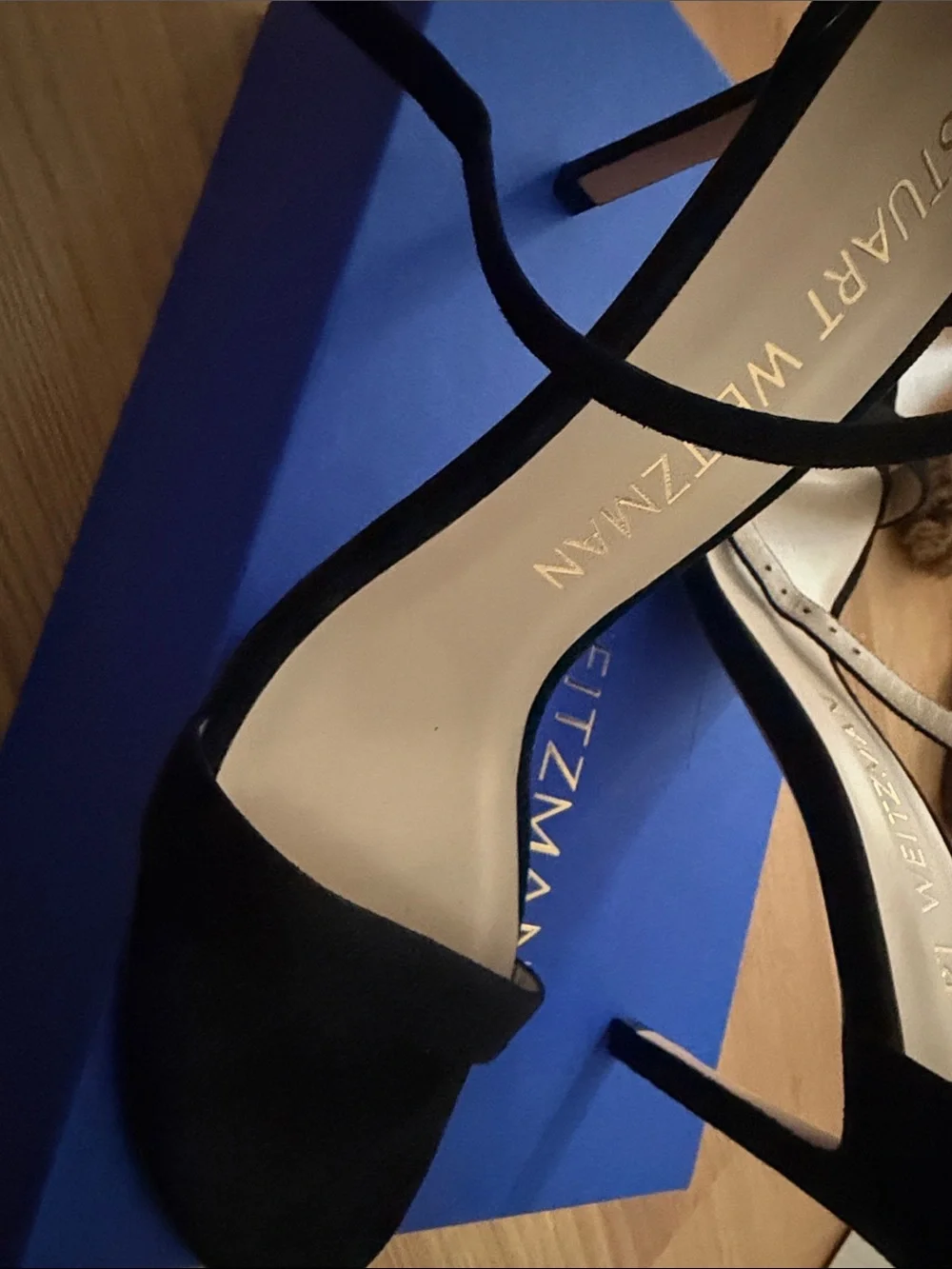 Stuart Weitzman Black Suede Ankle-Strap Heels with Gold Buckle